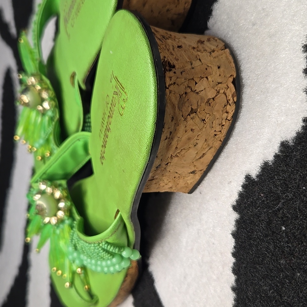 Green Floral Embellished Sandals with Flat Footbed - Picture 8 of 9